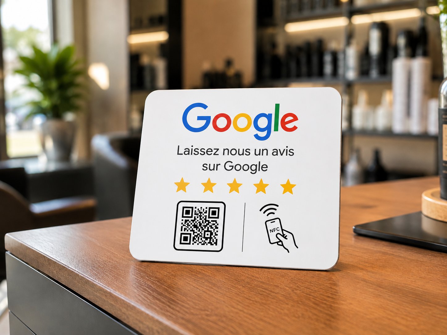 Plaque NFC PropulsAvis avec logo Google, QR code et puce NFC, posée sur un comptoir de salon